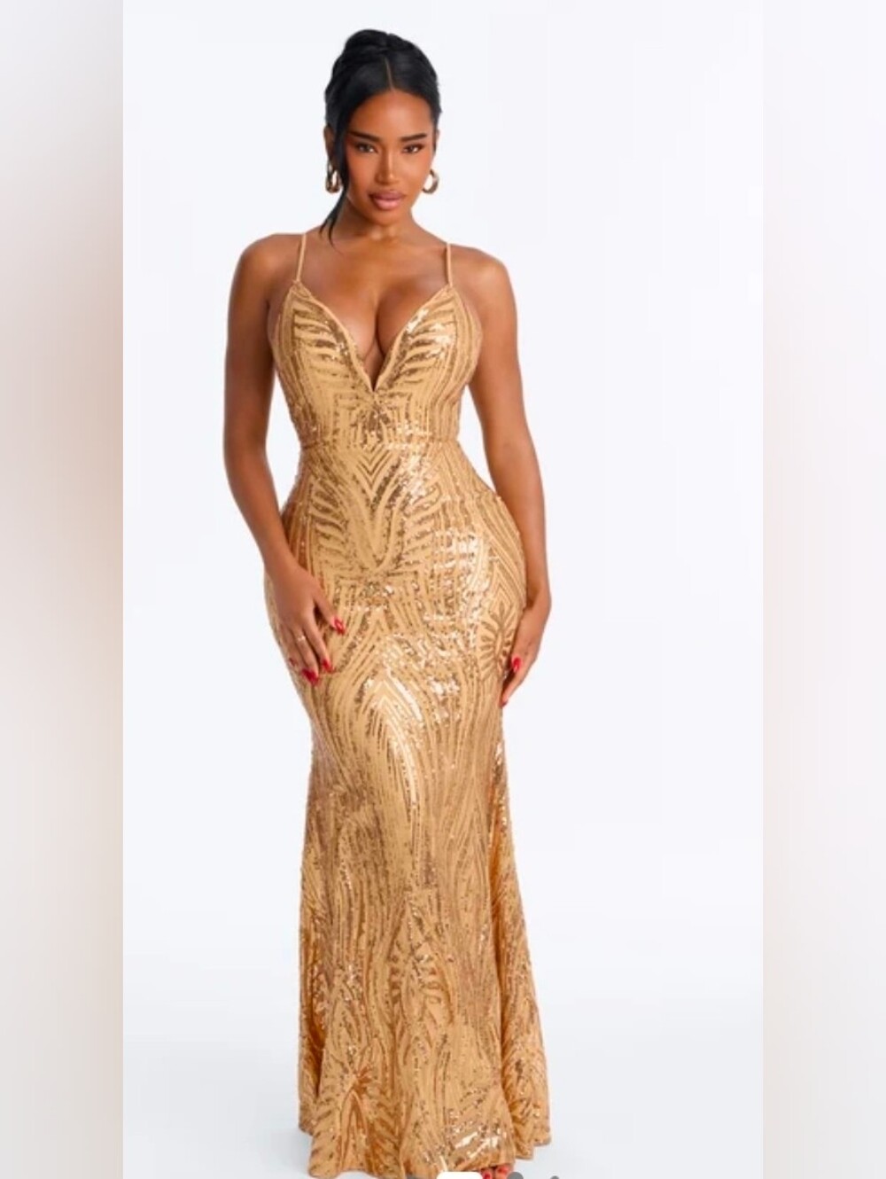 Fashion Nova Gold Sequin V-Neck Prom Gown